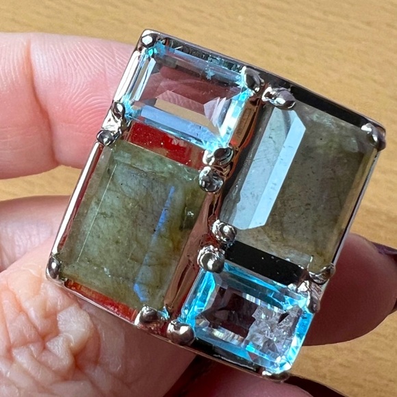 LABRADORITE BLUE TOPAZ 925 SS DESIGNER OVERSIZED STATEMENT RING MADE ITALY BNWT